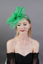 Load image into Gallery viewer, Green Mesh Crinoline Fascinator on headband, Mocha Brown Fascinator, Women&#39;s Tea Party Hat, Church Hat, Derby Hat, Fancy Hat, British Hat,