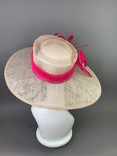 Load image into Gallery viewer, Nude and Fuchsia Derby Hat, Adjustable from 22.5 and smaller, Church hat, Tea Party Hat, Fashion Hat, Kentucky Derby Hat, Fancy Hat