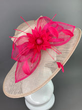 Load image into Gallery viewer, Nude and Fuchsia Derby Hat, Adjustable from 22.5 and smaller, Church hat, Tea Party Hat, Fashion Hat, Kentucky Derby Hat, Fancy Hat