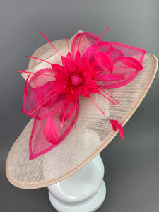 Nude and Fuchsia Derby Hat, Adjustable from 22.5 and smaller, Church hat, Tea Party Hat, Fashion Hat, Kentucky Derby Hat, Fancy Hat