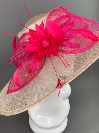 Nude and Fuchsia Derby Hat, Adjustable from 22.5 and smaller, Church hat, Tea Party Hat, Fashion Hat, Kentucky Derby Hat, Fancy Hat