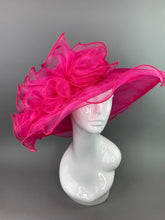 Load image into Gallery viewer, Fuchsia Pink Organza Ruffle Hat, Adjustable Hat, Church hat, High Tea Party Hat, Formal Hat, Derby Hat, Wedding Hat, Big Pink Hat