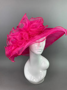 Fuchsia Pink Organza Ruffle Hat, Adjustable Hat, Church hat, High Tea Party Hat, Formal Hat, Derby Hat, Wedding Hat, Big Pink Hat