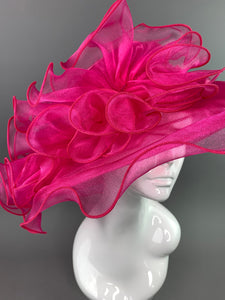 Fuchsia Pink Organza Ruffle Hat, Adjustable Hat, Church hat, High Tea Party Hat, Formal Hat, Derby Hat, Wedding Hat, Big Pink Hat