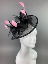 Load image into Gallery viewer, Black and pink Fascinator on headband, High Tea Party Hat, Derby Hat, Church Hat, Kentucky Derby, Fancy Hat, Tea Party Hat, wedding hat