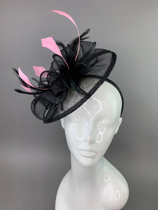 Black and pink Fascinator on headband, High Tea Party Hat, Derby Hat, Church Hat, Kentucky Derby, Fancy Hat, Tea Party Hat, wedding hat