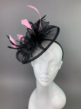 Load image into Gallery viewer, Black and pink Fascinator on headband, High Tea Party Hat, Derby Hat, Church Hat, Kentucky Derby, Fancy Hat, Tea Party Hat, wedding hat