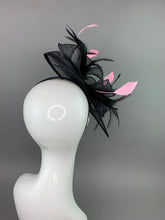 Load image into Gallery viewer, Black and pink Fascinator on headband, High Tea Party Hat, Derby Hat, Church Hat, Kentucky Derby, Fancy Hat, Tea Party Hat, wedding hat