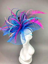 Load image into Gallery viewer, Turquoise color spray crinoline Fascinator on Headband - Kentucky Derby Hat - Women’s High Tea Party Hat, Church Hat, Fancy Hat, wedding hat