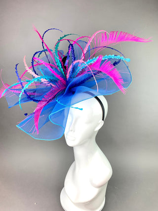 Turquoise color spray crinoline Fascinator on Headband - Kentucky Derby Hat - Women’s High Tea Party Hat, Church Hat, Fancy Hat, wedding hat