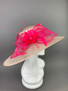 Nude and Fuchsia Derby Hat, Adjustable from 22.5 and smaller, Church hat, Tea Party Hat, Fashion Hat, Kentucky Derby Hat, Fancy Hat