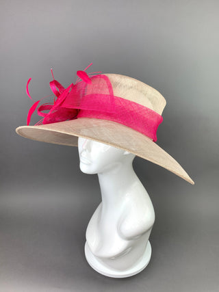 Nude and Fuchsia Derby Hat, Adjustable from 22.5 and smaller, Church hat, Tea Party Hat, Fashion Hat, Kentucky Derby Hat, Fancy Hat