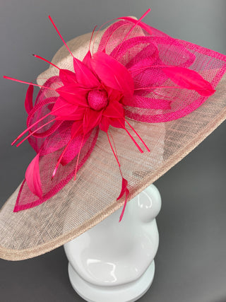 Nude and Fuchsia Derby Hat, Adjustable from 22.5 and smaller, Church hat, Tea Party Hat, Fashion Hat, Kentucky Derby Hat, Fancy Hat