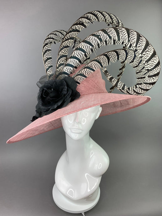 Blush Pink Hat with lady Amherst Feathers, Internal adjustable band to fit 22.5