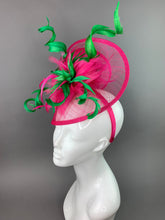 Load image into Gallery viewer, Fuschia and Kelly Green Fascinator, on headband, Womens Tea Party Hat, Church Hat, Derby Hat, Fancy Hat, Bachelorette Hat, Tea Party Hat,