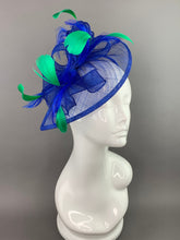 Load image into Gallery viewer, Royal Blue and Kelly Green Fascinator on headband, Tea Party Hat, Church Hat, Derby Hat, Fancy Hat, High Tea Hat, wedding hat, women&#39;s hat