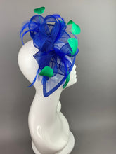 Load image into Gallery viewer, Royal Blue and Kelly Green Fascinator on headband, Tea Party Hat, Church Hat, Derby Hat, Fancy Hat, High Tea Hat, wedding hat, women&#39;s hat