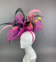 Load image into Gallery viewer, Fuchsia Pink, Fascinator headband, crinoline Fascinator,  Kentucky Derby Hat, Women’s High Tea Party Hat, Church Hat, wedding hat, Big hat