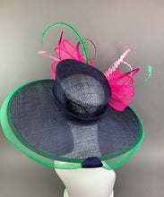 Load image into Gallery viewer, Navy, Fuchsia, Green, Kentucky Derby Hat, Navy Hat, Church hat, Tea Party Hat, Navy Blue Hat, Fashion Hat, Church Hat, wide brim hat