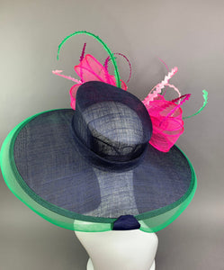 Navy, Fuchsia, Green, Kentucky Derby Hat, Navy Hat, Church hat, Tea Party Hat, Navy Blue Hat, Fashion Hat, Church Hat, wide brim hat