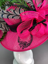 Load image into Gallery viewer, Fuchsia Pink hat, Black, Green Hat with Lady Amherst feathers, Church hat, Tea Party Hat, Custom hat, Kentucky derby hat