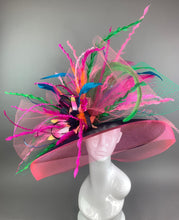 Load image into Gallery viewer, Navy Blue Hat, Pink Hat, Green Derby Hat, with feathers, Kentucky Derby Hat, Church hat, Tea Party Hat, Formal Hat, Adjustable from 22.5 in