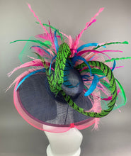 Load image into Gallery viewer, Navy Blue Hat, Pink Hat, Green Derby Hat, with feathers, Kentucky Derby Hat, Church hat, Tea Party Hat, Formal Hat, Adjustable from 22.5 in