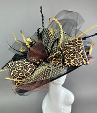 Load image into Gallery viewer, Black Leopard Print, Derby Hat, Pheasant Feathers, Kentucky Derby Hat, Tea Party Hat, Formal Hat, Church Hat, Wedding Hat, Funeral Hat
