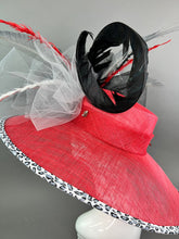 Load image into Gallery viewer, Red, Black &amp; White Derby Hat, Black Church hat, Tea Party Hat, Black Hat, Tea Party Hat, Fashion Hat, Church Hat, Wide Brim hat