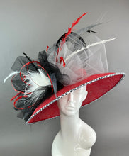 Load image into Gallery viewer, Red, Black &amp; White Derby Hat, Black Church hat, Tea Party Hat, Black Hat, Tea Party Hat, Fashion Hat, Church Hat, Wide Brim hat