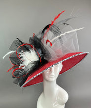 Load image into Gallery viewer, Red, Black &amp; White Derby Hat, Black Church hat, Tea Party Hat, Black Hat, Tea Party Hat, Fashion Hat, Church Hat, Wide Brim hat