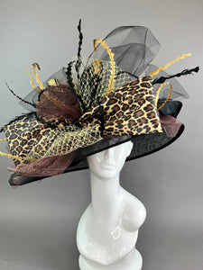 Black Leopard Print, Derby Hat, Pheasant Feathers, Kentucky Derby Hat, Tea Party Hat, Formal Hat, Church Hat, Wedding Hat, Funeral Hat