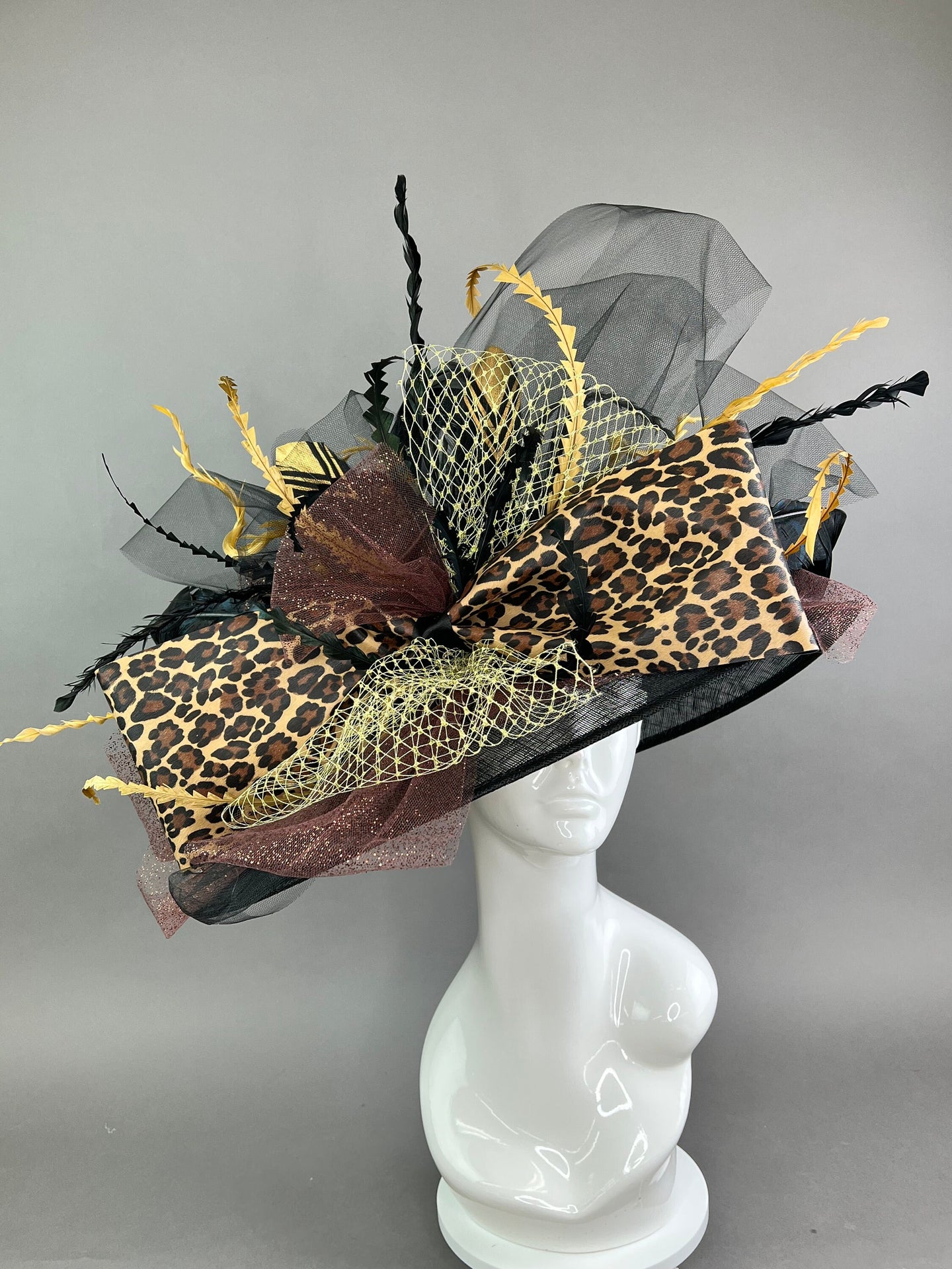 Black Leopard Print, Derby Hat, Pheasant Feathers, Kentucky Derby Hat, Tea Party Hat, Formal Hat, Church Hat, Wedding Hat, Funeral Hat