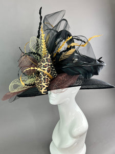 Black Leopard Print, Derby Hat, Pheasant Feathers, Kentucky Derby Hat, Tea Party Hat, Formal Hat, Church Hat, Wedding Hat, Funeral Hat