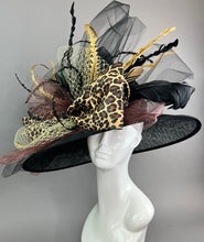 Load image into Gallery viewer, Black Leopard Print, Derby Hat, Pheasant Feathers, Kentucky Derby Hat, Tea Party Hat, Formal Hat, Church Hat, Wedding Hat, Funeral Hat