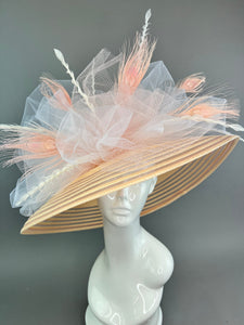 Peach Kentucky Derby Hat - Adjustable - Church hat, Tea Party Hat, peach and ivory, Formal Hat, Fashion Hat, Church Hat, floppy hat, big hat