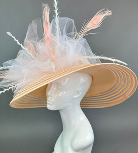 Peach Kentucky Derby Hat - Adjustable - Church hat, Tea Party Hat, peach and ivory, Formal Hat, Fashion Hat, Church Hat, floppy hat, big hat
