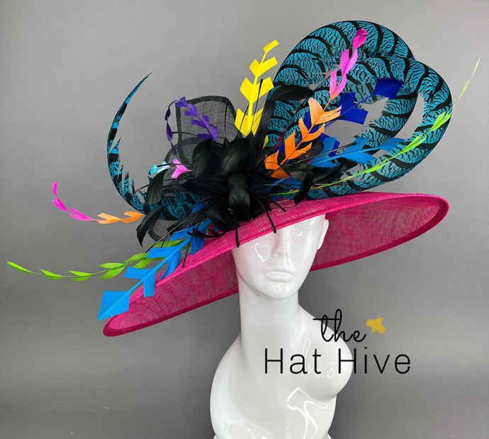 Fuchsia Pink, Kentucky Derby Hat, Tea Party Hat, Church Hat, Feather Hat, Kentucky Derby Hats For Women, Neon Feather Hat, Black & Pink Hat
