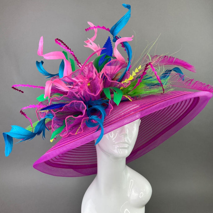 Fuchsia Pink, Black & White Hat with Lady Amherst feathers, Church hat, Tea Party Hat, Custom hat, Kentucky derby hat