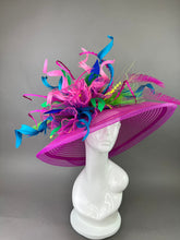 Load image into Gallery viewer, Fuchsia Pink, Black &amp; White Hat with Lady Amherst feathers, Church hat, Tea Party Hat, Custom hat, Kentucky derby hat