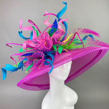 Load image into Gallery viewer, Fuchsia Pink, Black &amp; White Hat with Lady Amherst feathers, Church hat, Tea Party Hat, Custom hat, Kentucky derby hat