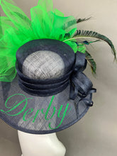 Load image into Gallery viewer, Navy Blue and Green Kentucky Derby Hat, Church hat, Tea Party Hat, Navy Hat, Formal Hat, Fashion Hat, Church Hat, Derby Hat, Designer Hat
