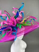 Load image into Gallery viewer, Fuchsia Pink, Black &amp; White Hat with Lady Amherst feathers, Church hat, Tea Party Hat, Custom hat, Kentucky derby hat