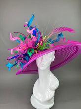 Load image into Gallery viewer, Fuchsia Pink, Black &amp; White Hat with Lady Amherst feathers, Church hat, Tea Party Hat, Custom hat, Kentucky derby hat