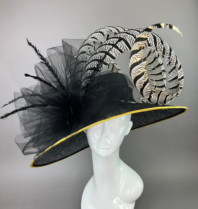 Black Derby Hat, gold trim, white and black, Pheasant Feathers, Kentucky Derby Hat, Formal Hat, Church Hat, Wedding Hat, Funeral Hat