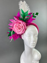 Load image into Gallery viewer, Fuschia Pink Fascinator, Kelly Green Fascinator, Women&#39;s, Church Hat, Derby Hat, Fancy Hat, Bachelorette Hat, Tea Party Hat, wedding hat