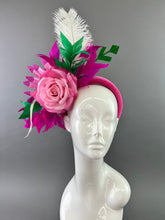 Load image into Gallery viewer, Fuschia Pink Fascinator, Kelly Green Fascinator, Women&#39;s, Church Hat, Derby Hat, Fancy Hat, Bachelorette Hat, Tea Party Hat, wedding hat