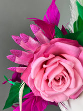 Load image into Gallery viewer, Fuschia Pink Fascinator, Kelly Green Fascinator, Women&#39;s, Church Hat, Derby Hat, Fancy Hat, Bachelorette Hat, Tea Party Hat, wedding hat