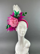 Load image into Gallery viewer, Fuschia Pink Fascinator, Kelly Green Fascinator, Women&#39;s, Church Hat, Derby Hat, Fancy Hat, Bachelorette Hat, Tea Party Hat, wedding hat