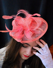 Load image into Gallery viewer, Coral Fascinator, Tea Party Hat, Church Hat, Derby Hat, Fancy Hat, Pink Hat, Wedding Hat, British Hat, Coral Hat